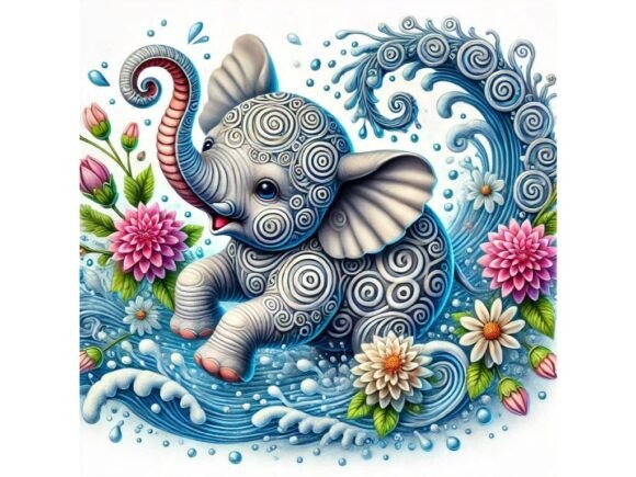 Charming 3D Baby Elephant with Spirals and Flow