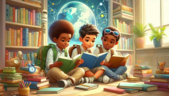 Engaging 3D-Rendered Kids Reading Image