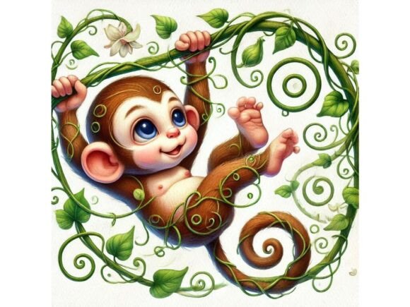 Explore the Charm of 3D Baby Monkey with Vine Patterns